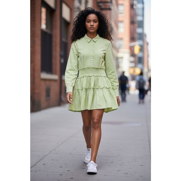 FREE PEOPLE Medium Lime Glow Billie Mini Dress White Tiered Pleated Cotton - Picture 1 of 8